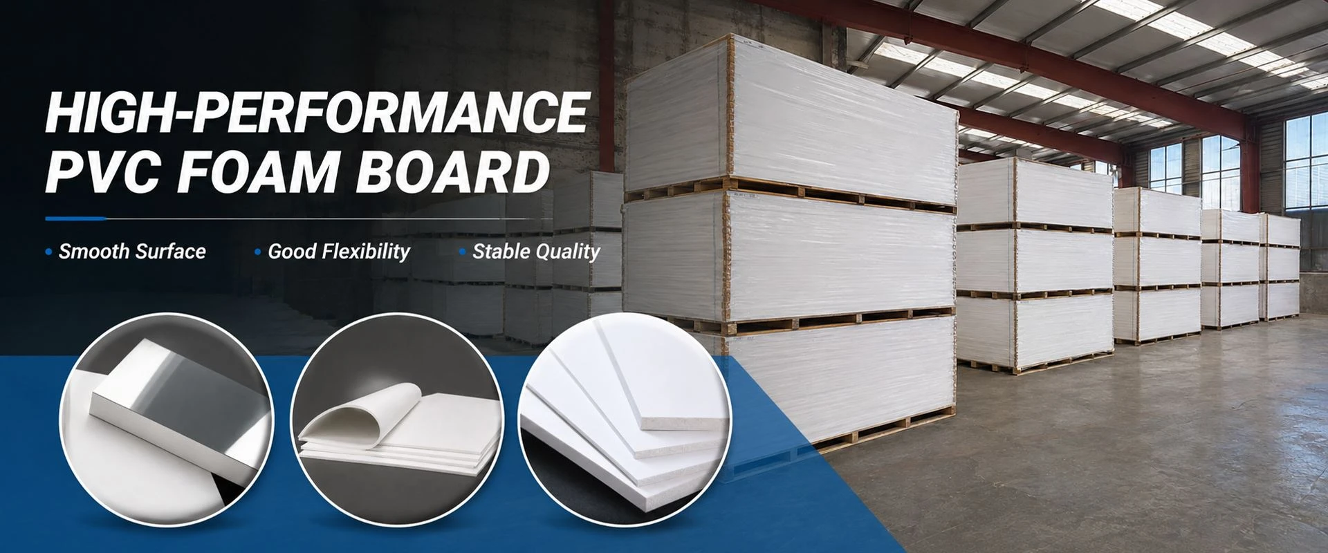 PVC foam board manufacturer in China showing warehouse stock and high-performance PVC foam board products